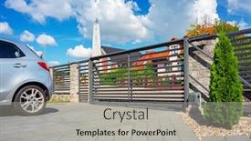  Presentation with remote - PPT layouts featuring stone-fence-and-entrance-gate background and a light gray colored foreground