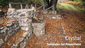  Presentation with water fountain - Presentation having stone fountain spring water and autumnal leaves in nebrodi park sicily background and a coral colored foreground