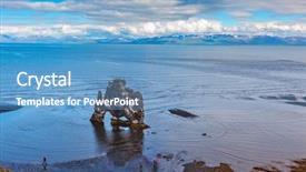  Presentation with prehistoric - PPT layouts with stone mammoth iceland rock in the bay of huna as huge prehistoric monster background and a teal colored foreground