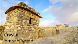  Presentation with bus shelter - Colorful PPT theme enhanced with stone shelter in an abandoned backdrop and a coral colored foreground