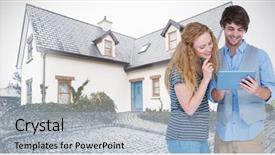  Presentation with computer - Cool new slides with stone tablets - happy couple holding tablet computer backdrop and a  colored foreground