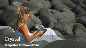  Presentation with black woman - Slides featuring stone tablets - young woman using tablet background and a  colored foreground