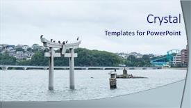  Presentation with stone - Theme consisting of stone torii gate in fukuoka background and a sky blue colored foreground