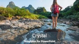  Presentation with mountain stream - Beautiful PPT theme featuring stones rivers - lady hiker standing backdrop and a  colored foreground