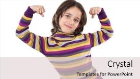  Presentation with business intelligence white robotic arm - Audience pleasing slides consisting of stong child - beautiful girl lifting her arms backdrop and a  colored foreground