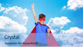  Presentation with hero mask - Beautiful slide set featuring stong child - carnival childhood power gesture backdrop and a light blue colored foreground