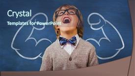  Presentation with teacher diversity - Presentation design with stong child - cute pupil dressed up background and a ocean colored foreground