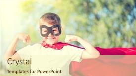  Presentation with superhero - Amazing PPT theme having stong child - superhero kid showing his muscles backdrop and a cream colored foreground