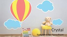  Presentation with children plush toy and dolls - PPT theme with stool with toys near wall background and a coral colored foreground