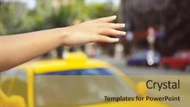  Presentation with taxi - Audience pleasing slide set consisting of stop service - woman stopping taxi outdoor backdrop and a yellow colored foreground