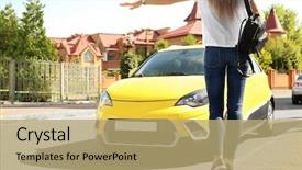  Presentation with fake taxi - Theme enhanced with stop service - young woman catching taxi background and a coral colored foreground