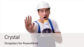  Presentation with blank whiteboard isolated on white - Theme having stop talking - man with megaphone isolated background and a  colored foreground