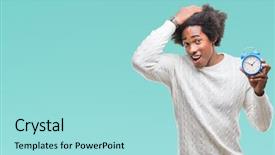  Presentation with vintage clock - Amazing PPT theme having stop worry - afro american man holding vintage backdrop and a arctic colored foreground