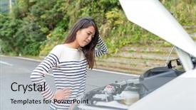  Presentation with car - Cool new theme with stop worry - woman getting confuse with repairing backdrop and a light gray colored foreground