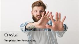  Presentation with role play woman and man - Slide set enhanced with stop worry - worried bearded man dressed background and a  colored foreground