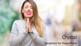  Presentation with business remote work - PPT layouts enhanced with stop worry - young beautiful worker business woman background and a soft green colored foreground