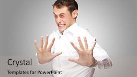  Presentation with holding hands - Cool new PPT theme with stop worry - young man holding his hands backdrop and a mint green colored foreground