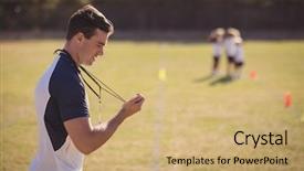  Presentation with coach - PPT theme featuring stopwatch in park during competition background and a coral colored foreground
