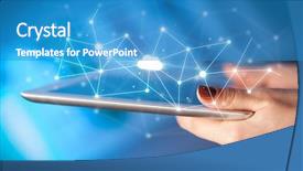  Presentation with tablet - Presentation design featuring storage devices - female hands touching tablet background and a teal colored foreground