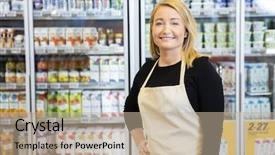  Presentation with hip - Slides with store - saleswoman with hand on hip background and a mint green colored foreground