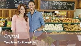  Presentation with large market - PPT theme featuring store displays - happy young couple in vegetable background and a coral colored foreground