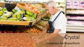  Presentation with senior worker - Colorful presentation design enhanced with store displays - serious senior worker taking tomato backdrop and a coral colored foreground