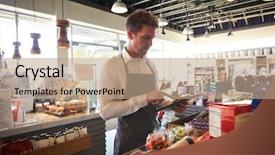 Presentation with employee - Beautiful presentation featuring employee in delicatessen checking stock backdrop and a tawny brown colored foreground