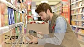  Presentation with scanning - PPT theme with food control - sales assistant scanning products background and a coral colored foreground