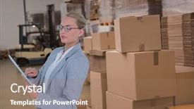  Presentation with using digital tablet - Beautiful PPT theme featuring store room - businesswoman using digital tablet backdrop and a coral colored foreground