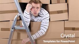  Presentation with stuck - Beautiful presentation design featuring store room - man stuck behind stacks backdrop and a coral colored foreground