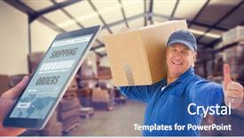  Presentation with forklift - Presentation theme having store room - man using tablet pc background and a  colored foreground