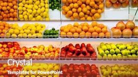  Presentation with supermarket - Presentation theme having store shelves - counter with fruit in supermarket background and a crimson colored foreground