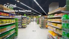  Presentation with supermarket - PPT theme featuring store shelves - empty supermarket aisle background and a tawny brown colored foreground