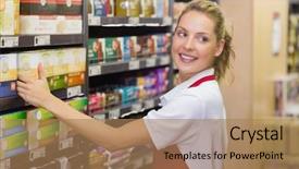  Presentation with pitching a product to a big retailer - Audience pleasing presentation design consisting of store shelves - smiling blonde worker taking backdrop and a coral colored foreground