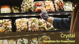  Presentation with frame of fruits and vegetables - Theme having store shelves - woman hand shopping for vegetables background and a tawny brown colored foreground