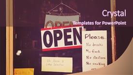  Presentation with open door - Slide set having store signs - open sign grunge image shot background and a tawny brown colored foreground