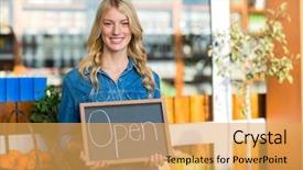  Presentation with super market - Audience pleasing presentation design consisting of store signs - portrait of smiling female staff backdrop and a yellow colored foreground