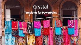 Presentation with garments - Audience pleasing presentation consisting of storefront of old nepal textile shop with many multicolored garments backdrop and a tawny brown colored foreground