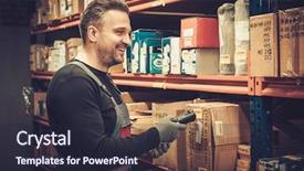  Presentation with human computer interaction mobile app - Beautiful PPT theme featuring storekeeper with mobile computer working backdrop and a wine colored foreground