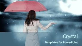 Presentation with sky diving man falling - Theme consisting of stormy weather - businesswoman holding umbrella against cloudy background and a ocean colored foreground