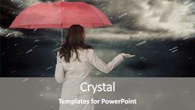  Presentation with falling snow - PPT theme consisting of stormy weather - businesswoman holding umbrella against cloudy background and a gray colored foreground