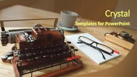  Presentation with note book - Amazing PPT theme having story board - blank note book with typewriter backdrop and a tawny brown colored foreground