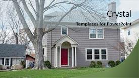  Presentation with red and gray - Audience pleasing PPT theme consisting of story green walking - gray shake sided house backdrop and a light blue colored foreground