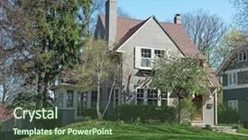  Presentation with trees - Slide set with story green walking - gray stucco house with spring background and a tawny brown colored foreground