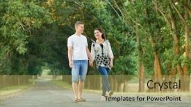  Presentation with young happy couple - Beautiful slides featuring story green walking - happy young couple walk backdrop and a  colored foreground