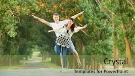  Presentation with young happy couple - PPT theme featuring story green walking - happy young couple walk background and a seafoam green colored foreground