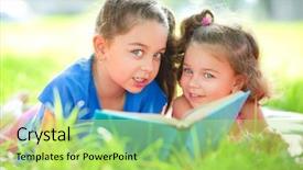  Presentation with child girl reading a book - Audience pleasing presentation consisting of story telling - two little girls are reading backdrop and a yellow colored foreground