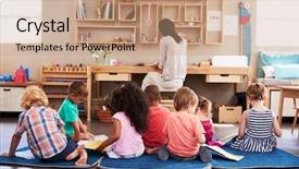  Presentation with pupils reading - Amazing slides having story time - pupils at montessori school reading backdrop and a coral colored foreground