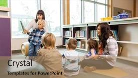  Presentation with teachers - Audience pleasing presentation design consisting of story time - teachers and elementary students backdrop and a coral colored foreground