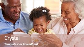 Presentation with baby book - Theme having babysitting - grandparents sitting on sofa background and a coral colored foreground